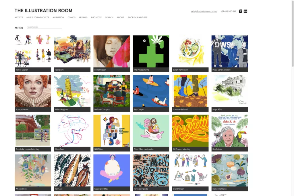 Screenshot from The Illustration Room showing the Artists page
